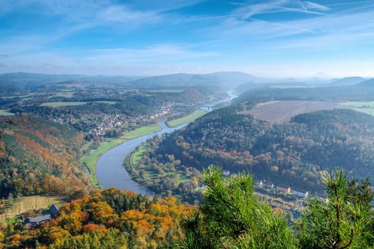 Elbe sandstone mountains in autumn, view from Lilienstein, Germany