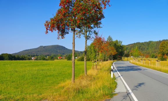 Zittau Mountains, the mountain Hochwald and village Lueckendorf in autumn