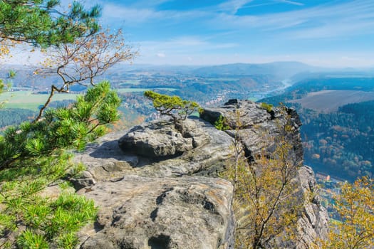 Elbe sandstone mountains in autumn, view from Lilienstein, Germany