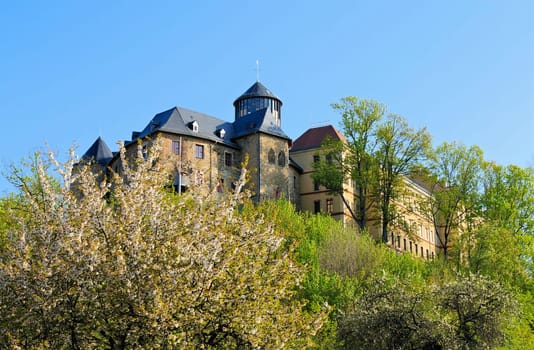 the town Oelsnitz, castle Voigtsberg in spring, Vogtland , Germany