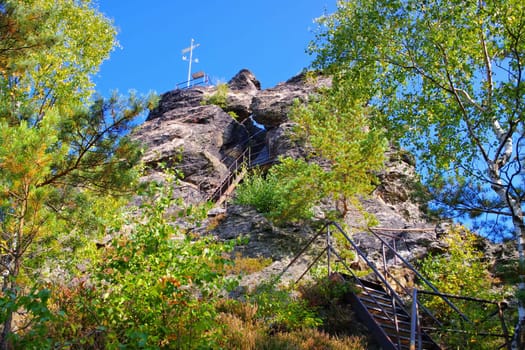 mountain Scharfenstein rock in Zittau Mountains, autumn