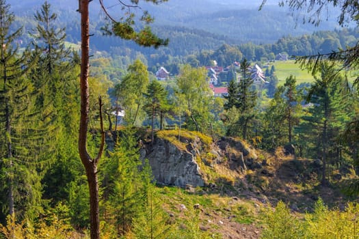 Zittau Mountains view to the village Lueckendorf in autumn