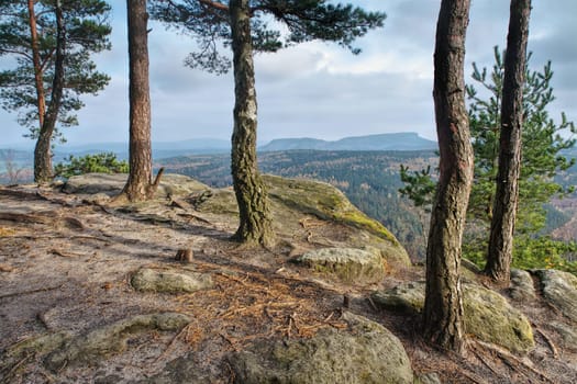 mountain Zschirnstein in Elbe Sandstone Mountains, Germany in autumn