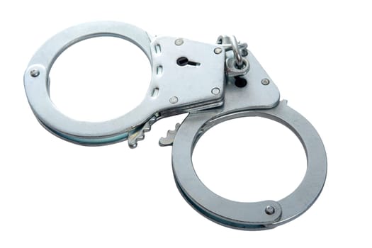 Metal handcuffs on a white isolated background, copy space. High quality photo