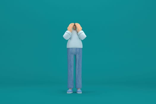 cartoon character wearing jeans and  long shirt. He is expression  of body and hand when talking. 3d rendering in acting.