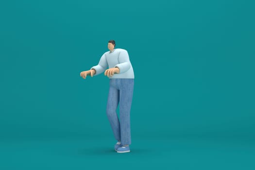 cartoon character wearing jeans and  long shirt. He is expression  of body and hand when talking. 3d rendering in acting.
