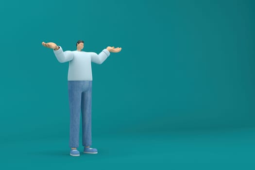 cartoon character wearing jeans and  long shirt. He is expression  of body and hand when talking. 3d rendering in acting.