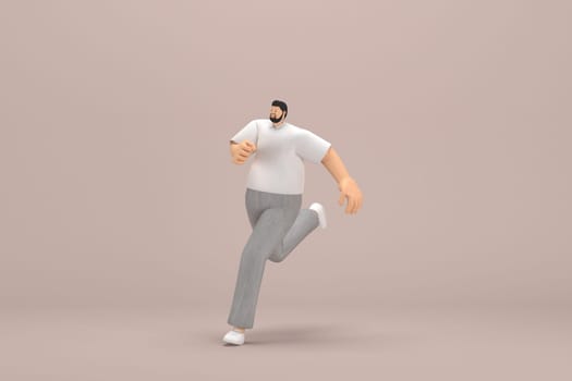 The man with beard wearinggray corduroy pants and white collar t-shirt.  He is running. 3d rendering of cartoon character in acting.