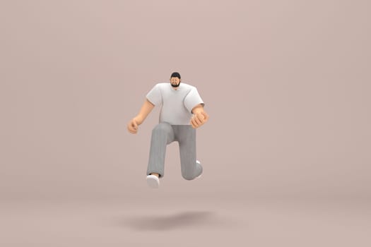The man with beard wearinggray corduroy pants and white collar t-shirt.  He is running. 3d rendering of cartoon character in acting.
