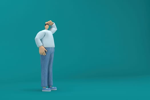 cartoon character wearing jeans and  long shirt. He is expression  of body and hand when talking. 3d rendering in acting.
