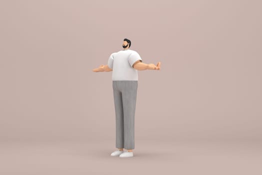 The man with beard wearinggray corduroy pants and white collar t-shirt. He is expression  of hand when talking. 3d rendering of cartoon character in acting.