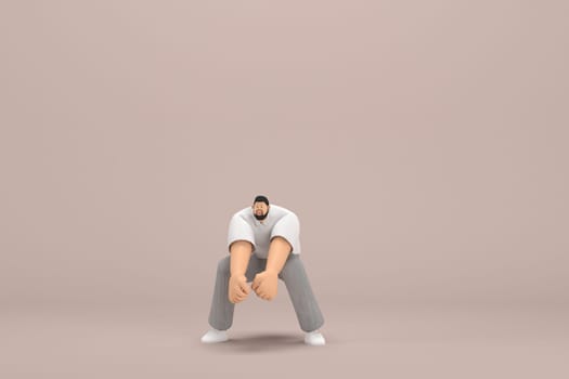 The man with beard wearinggray corduroy pants and white collar t-shirt.  He is pulling or pushing something.  3d rendering of cartoon character in acting.