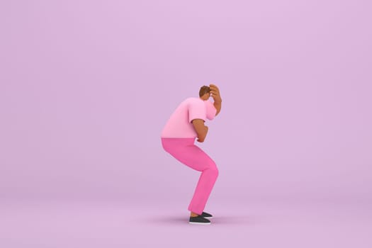 The black man with pink clothes.  He is sad or in pain. 3d illustrator of cartoon character in acting.