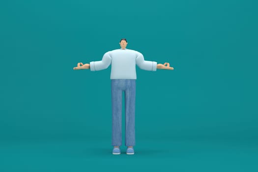 cartoon character wearing jeans and  long shirt. He is expression  of body and hand when talking. 3d rendering in acting.