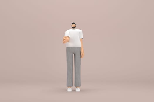 The man with beard wearinggray corduroy pants and white collar t-shirt. He is expression  of hand when talking. 3d rendering of cartoon character in acting.
