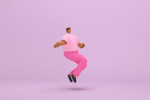 The black man with pink clothes.  He is jumping. 3d illustrator of cartoon character in acting.