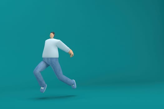 cartoon character wearing jeans and  long shirt. He is jumping. 3d rendering in acting.