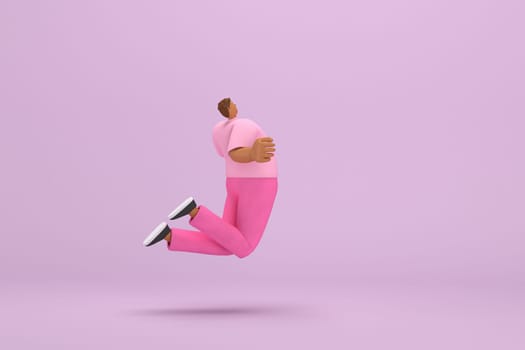 The black man with pink clothes.  He is jumping. 3d rendering of cartoon character in acting.