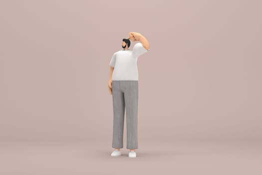 The man with beard wearinggray corduroy pants and white collar t-shirt. He is expression  of hand when talking. 3d rendering of cartoon character in acting.