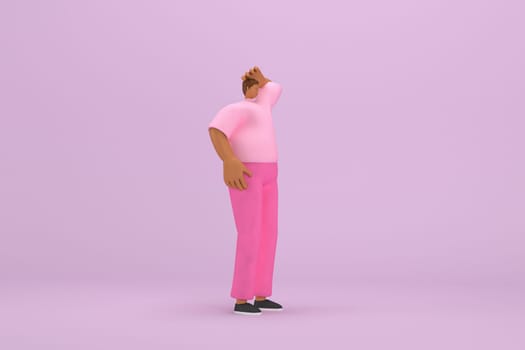 The black man with pink clothes.  He is expression  of body and hand when talking. 3d illustrator of cartoon character in acting.