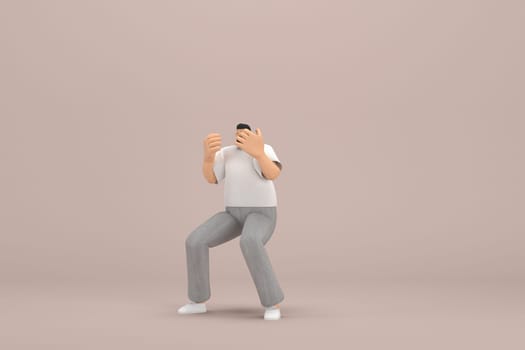 The man with beard wearinggray corduroy pants and white collar t-shirt. He is expression  of hand when talking. 3d rendering of cartoon character in acting.