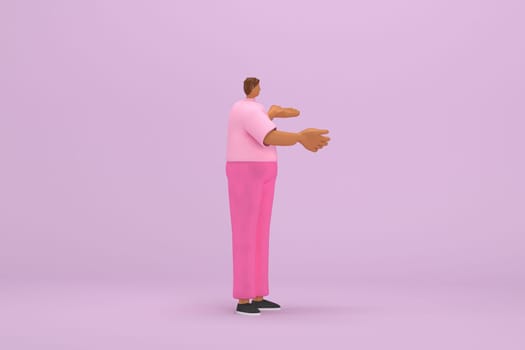 The black man with pink clothes.  He is expression  of body and hand when talking. 3d illustration of cartoon character in acting.