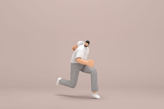 The man with beard wearinggray corduroy pants and white collar t-shirt.  He is running. 3d rendering of cartoon character in acting.