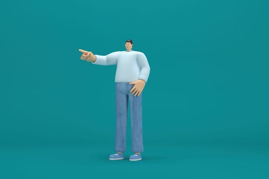 cartoon character wearing jeans and  long shirt. He is expression  of body and hand when talking. 3d rendering in acting.