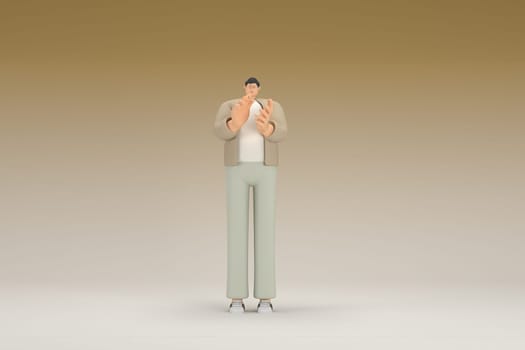 A man with glasses wearing brown cloth. He is expression of hand when talking. 3d rendering of cartoon character in acting.