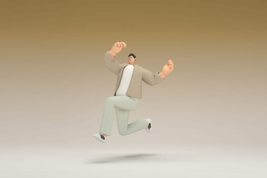 A man with glasses wearing brown cloth is running.  3d rendering of cartoon character in acting.
