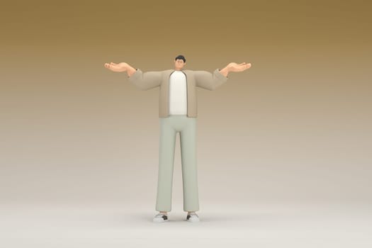 A man with glasses wearing brown cloth. He is expression of hand when talking. 3d rendering of cartoon character in acting.