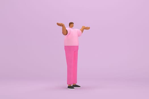The black man with pink clothes.  He is expression  of body and hand when talking. 3d illustration of cartoon character in acting.