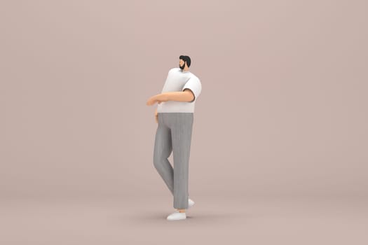 The man with beard wearinggray corduroy pants and white collar t-shirt. He is expression  of hand when talking. 3d rendering of cartoon character in acting.
