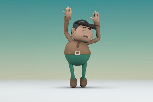 The man  with mustache wearing a brown long sleeve shirt green pants.  He is doing exercise. 3d illustrator of cartoon character in acting.