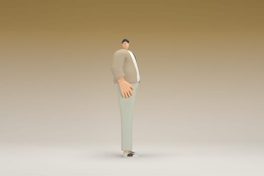 A man with glasses wearing brown cloth. He is expression of hand when talking. 3d rendering of cartoon character in acting.