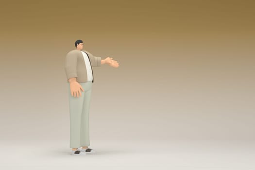 A man with glasses wearing brown cloth. He is expression of hand when talking. 3d rendering of cartoon character in acting.