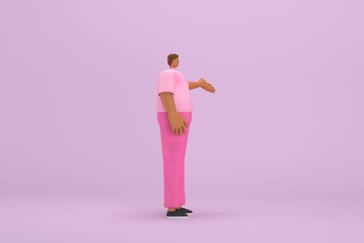 The black man with pink clothes.  He is expression  of body and hand when talking. 3d illustration of cartoon character in acting.