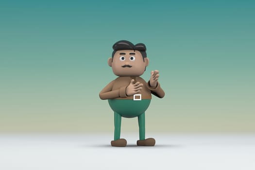 The man  with mustache wearing a brown long shirt green pants.  He is expression  of body and hand when talking.  3d illustrator of cartoon character in acting.