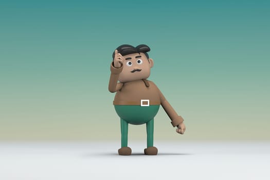 The man  with mustache wearing a brown long shirt green pants.  He is expression  of body and hand when talking.  3d illustrator of cartoon character in acting.