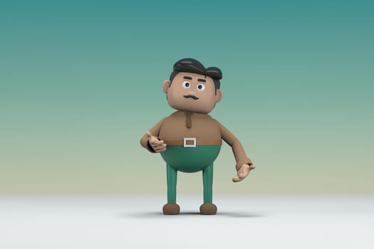 The man  with mustache wearing a brown long shirt green pants.  He is expression  of body and hand when talking.  3d illustrator of cartoon character in acting.