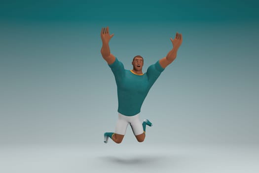 An athlete wearing a green shirt and white pants is jumping. 3d rendering of cartoon character in acting.