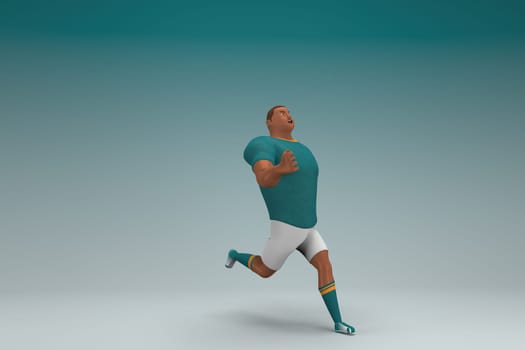 An athlete wearing a green shirt and white pants is runing. 3d rendering of cartoon character in acting.