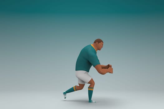 An athlete wearing a green shirt and white pants. He is pulling or pushing something. 3d rendering of cartoon character in acting.