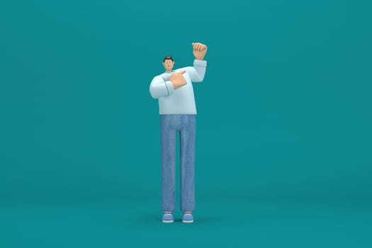 cartoon character wearing jeans and  long shirt. He is expression  of body and hand when talking. 3d rendering in acting.