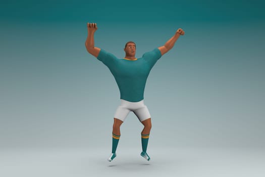 An athlete wearing a green shirt and white pants is jumping. 3d rendering of cartoon character in acting.