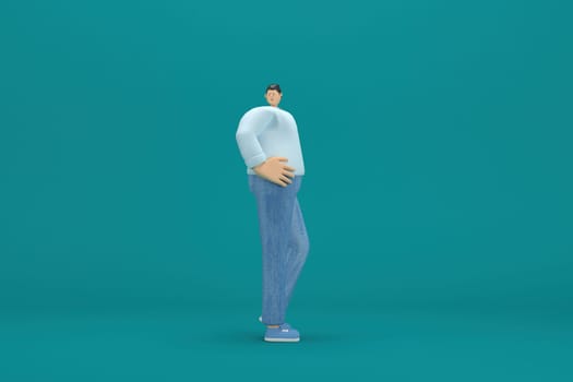 cartoon character wearing jeans and  long shirt. He is expression  of body and hand when talking. 3d rendering in acting.