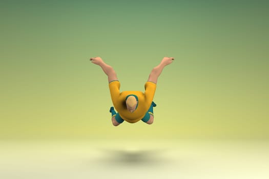 An athlete wearing a yellow shirt and green pants. He is falling down. 3d rendering of cartoon character in acting.