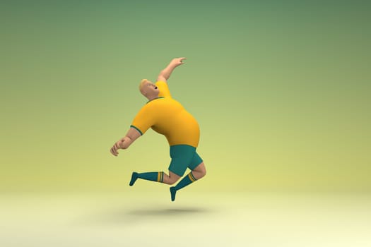 An athlete wearing a yellow shirt and green pants is jumping. 3d rendering of cartoon character in acting.