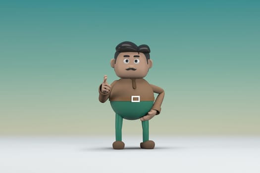 The man  with mustache wearing a brown long shirt green pants.  He is expression  of body and hand when talking.  3d illustrator of cartoon character in acting.