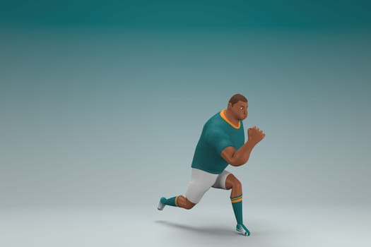 An athlete wearing a green shirt and white pants is runing. 3d rendering of cartoon character in acting.